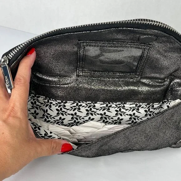 Hobo Effe Pewter Shimmer Leather Clutch With Floral Lining & Zipper Closure $128 - Picture 3 of 7